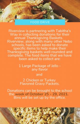 A orange poster with imagines of a thanksgiving dinner about the food drive with specific items needed.