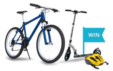 The picture is of a bike, scooter, and helmet - these are some of the prizes available to win by doing the challenge.