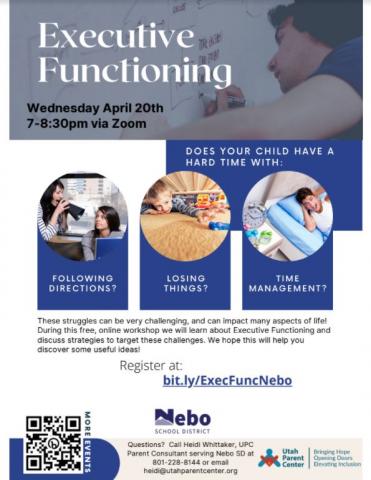 Flyer with the wording Executive Functioning - with pictures of a parent shouting to a child, another picture of a child finding something they lost, and last a picture of a child sleeping in. 