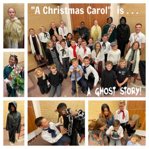The picture shows kids during their play, "A Christmas Carol- A Ghost Story"
