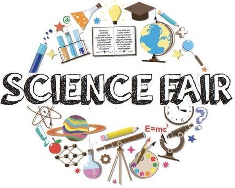 Pictured is the wording science fair with images of science tools