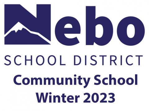 Pictured is the Nebo logo in big blue writing with the words Nebo School District Community School Winter 2023.  The letter N in is a form a mountain. 