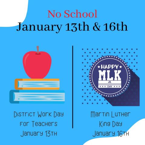 Pictured is a stack of book for no school on Friday due to teachers word day and a sign that reads Happy MLK for Martin Luther King day. 