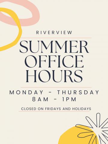 Poster with pink and yellow designs with wording about the summer hours. 