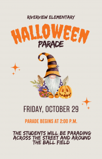 The poster shows a picture of a gnome wearing a striped witches hat sitting next to a jack-lantern.  The wording is describing the Halloween parade information. 