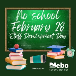 Pictured is chalkboard with books surrounding the chalk board.  The writing on the chalk board reads:  No school on February 28 staff development day. 