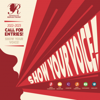 Poster in the colors red and yellow with a picture of a side profile and mouth is showing a voice saying "show your voice"