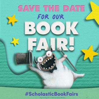 Pictured is words Save the Date for the Book Fair - there is a dog holding a hat and cane. 