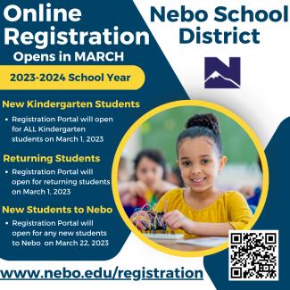Pictured is a flyer with a yellow and blue design with the information about online registration.  There is also pictured and girls sitting at her desk.