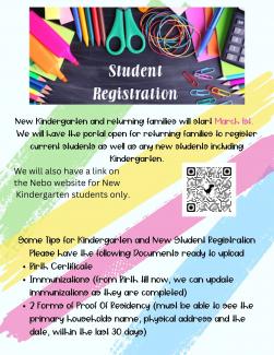 Pictured is info about registration as well as bright colors with school supplies.