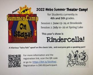 Pictured is a flyer with wording about the camp and pictured is a stage with a curtain.