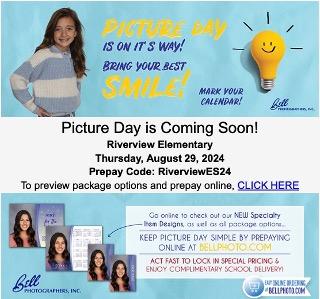 Pictured is a girl with a yellow light bulb- wording about picture day. 